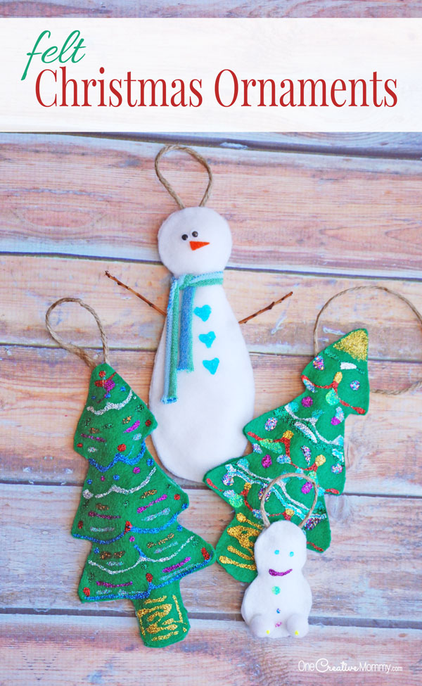 These felt Christmas ornaments are such a fun kids craft! {OneCreativeMommy.com} You only need a few supplies to make these Christmas ornaments for kids!