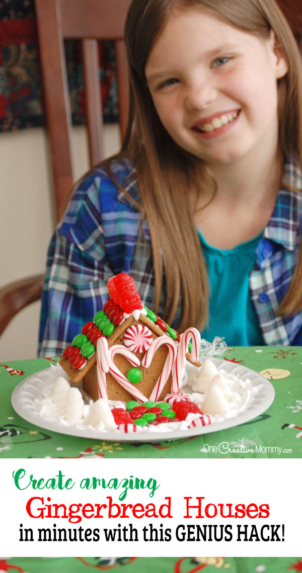 Genius hacks to create a gingerbread house in minutes! Why didn't I do this years ago? {OneCreativeMommy.com}