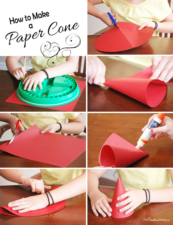 Learn how to make a paper cone, and then check out an adorable paper cone Santa kids craft! {OneCreativeMommy.com}