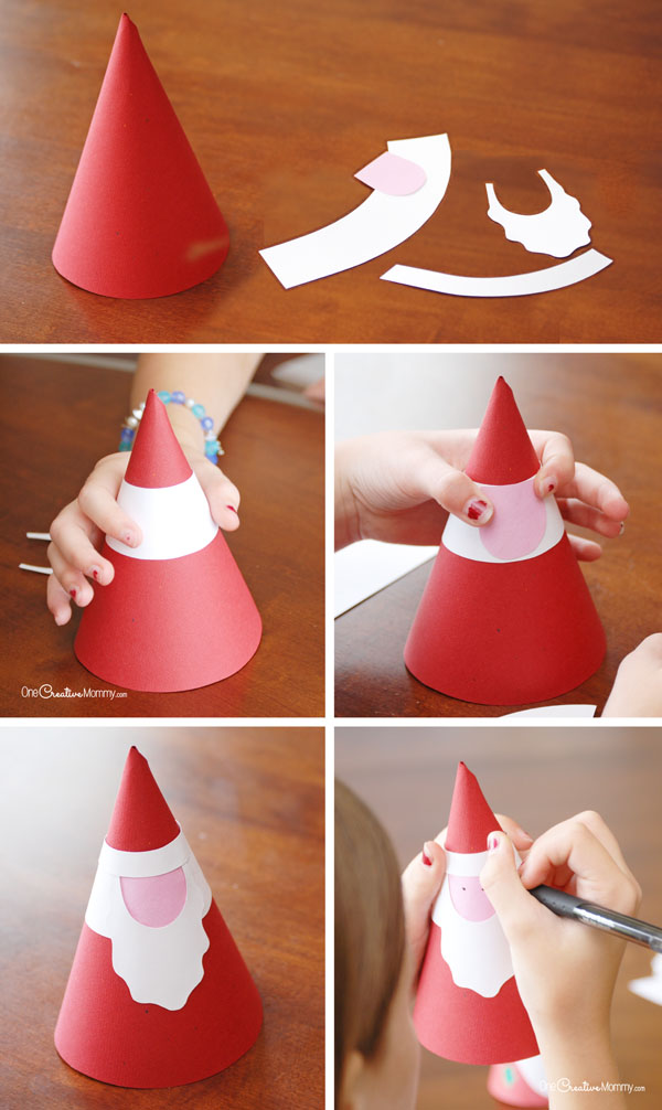 Paper Cone Santas Christmas Kids Craft {OneCreativeMommy.com}