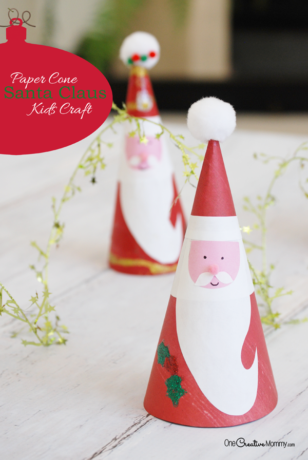 These Christmas crafts for kids are adorable! Make this easy Paper Cone Santa Claus {OneCreativeMommy.com} Free Printable to make it even easier! #sponsored