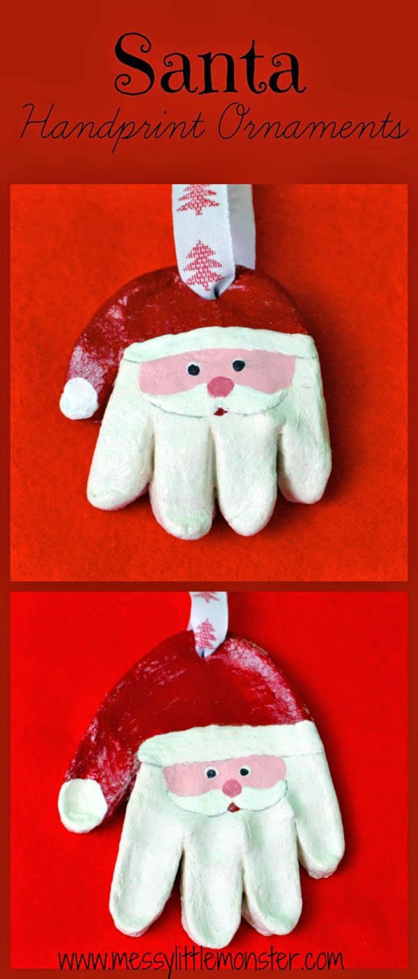 Santa Handprint Ornaments from Messy Little Monster {Featured in 25 Amazing Santa Claus Christmas Crafts on OneCreativeMommy.com}
