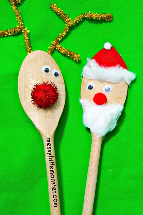 Santa and Rudolf Christmas Spoon Puppets from Messy Little Monster {Featured in 25 Amazing Santa Claus Christmas Crafts on OneCreativeMommy.com}